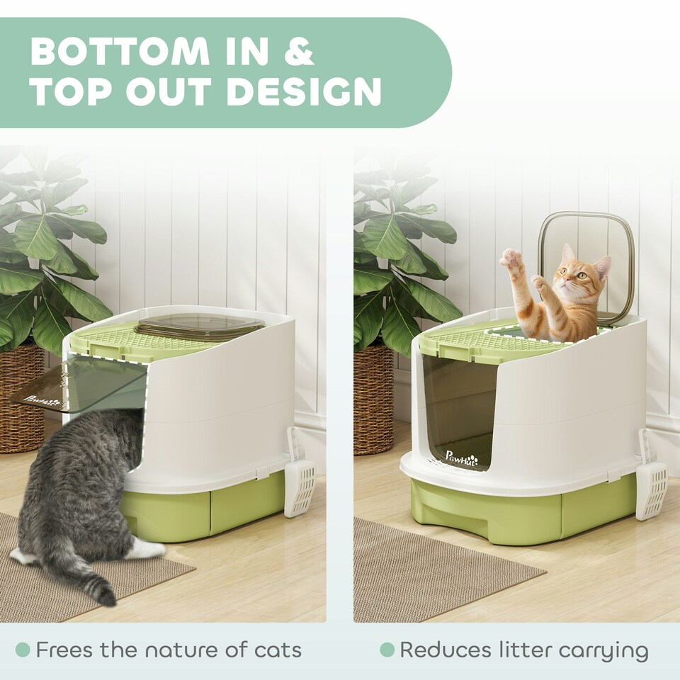 image 1 of PawHut Cat Litter Box, Hooded Cat Litter Tray with Lid, Scoop, Green Grey | One Size