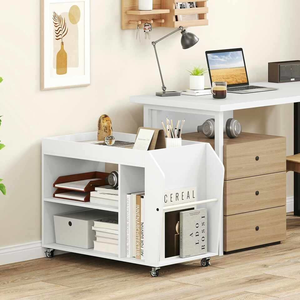 image 1 of COSTWAY Side End Table 3-Tier Bookshelf Rolling Nightstand White