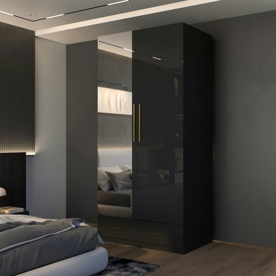 image 1 of Modern 2 Door High Gloss Wardrobe with Mirror, Gold Accent Handles & Storage - 90cm Wide Black | Black 90cm
