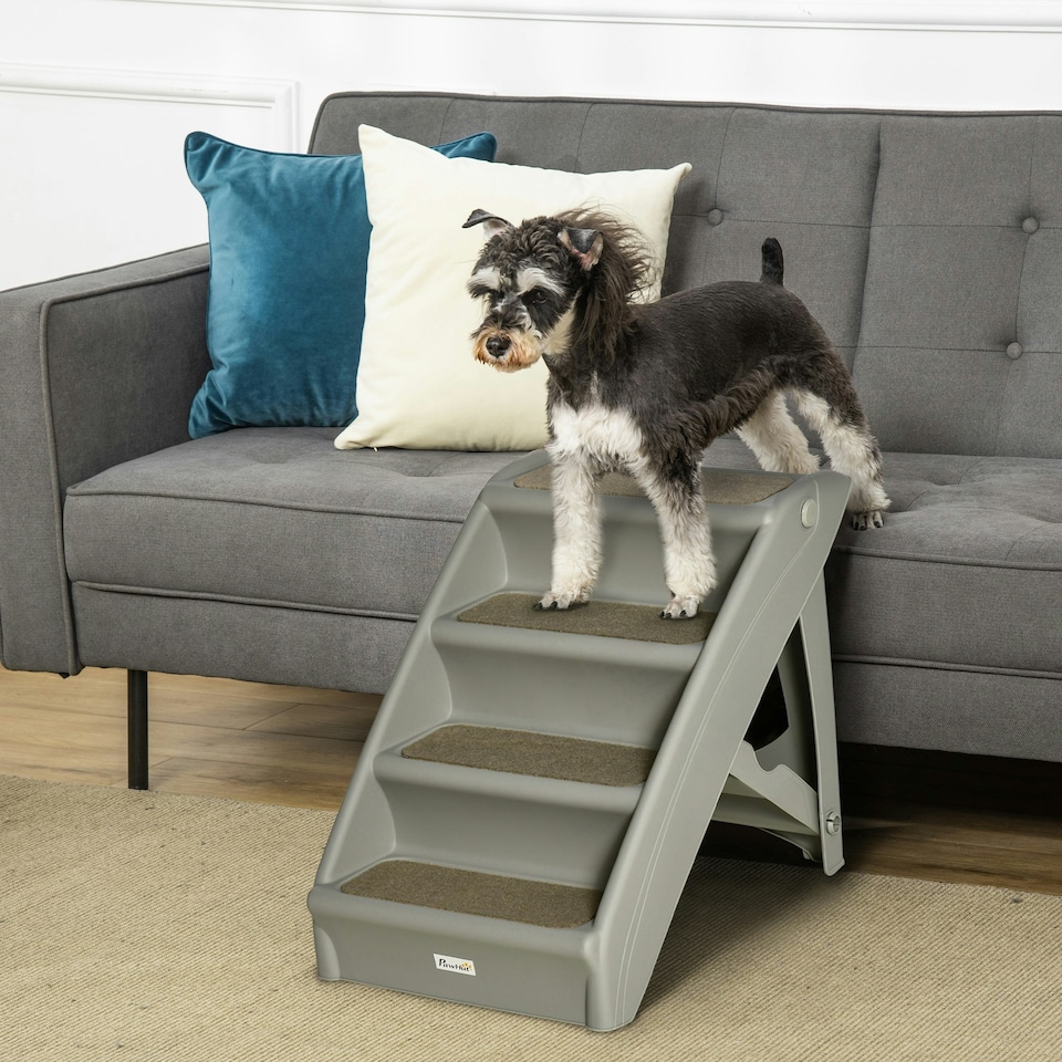 image 1 of PawHut Four-Step Foldable Pet Stairs w/ Non-Slip Mats, for S, XS Dogs - Grey