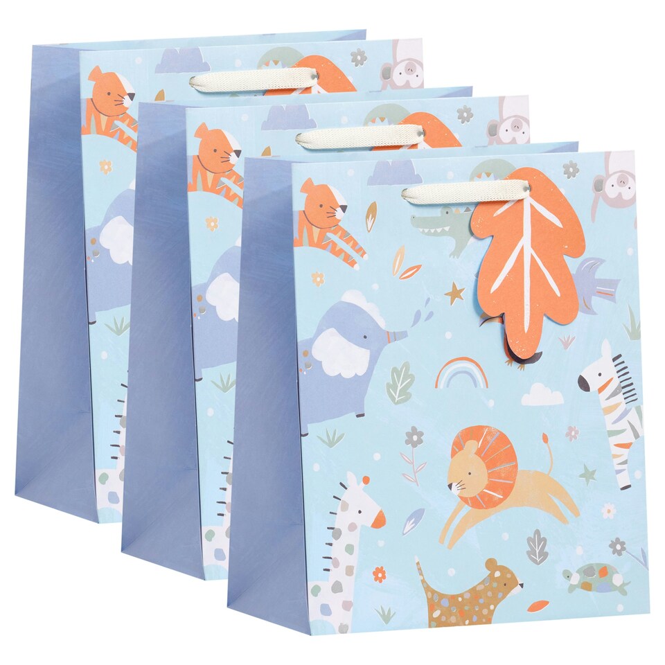 image 1 of Multipack of 3 Medium Gift Bags | Party Bags for Presents | New Baby Boy | For Parents | Cute Animals Design Blue