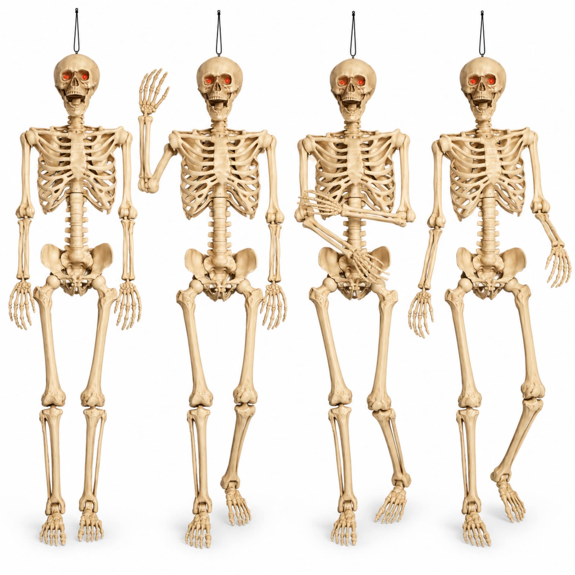 Pack of 4 5ft (150cm) Posable Full Body Halloween LED Skeleton Decoration with Movable Joints and LED Eyes