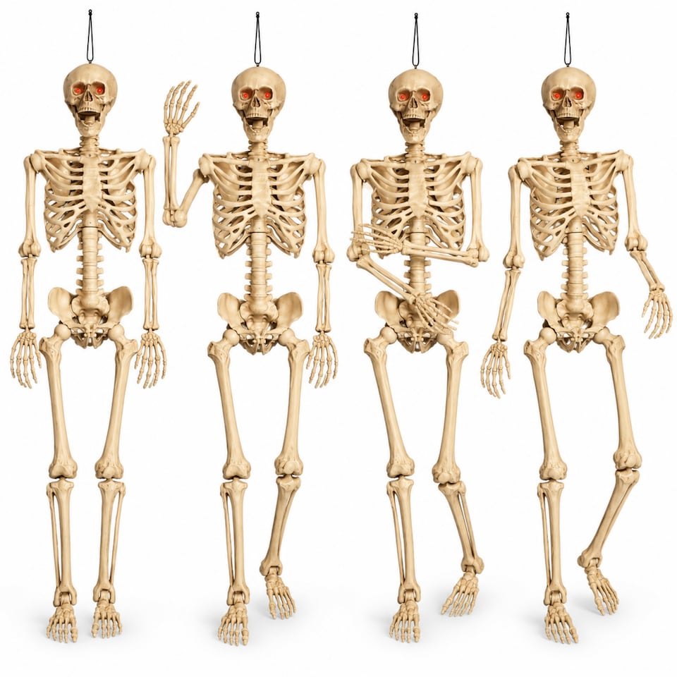image 1 of Pack of 4 5ft (150cm) Posable Full Body Halloween LED Skeleton Decoration with Movable Joints and LED Eyes