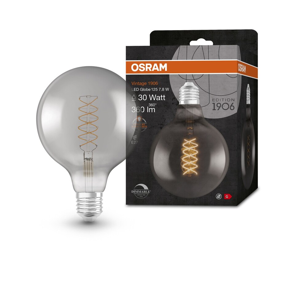 image 1 of Osram Vintage 1906 Globe 125 30 Filament DIM Lamp 7.8W 818 Smoke E27 4 Pack