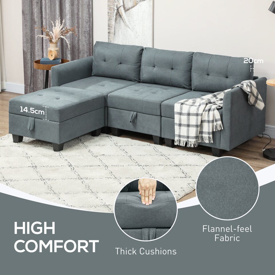 image 1 of HOMCOM Convertible Modular Sectional Sofa with Storage, Tufted 3 Seater Sofa Set, L Shaped Couch with Ottoman, Wood Frame for Living Room, Dark Grey | Grey