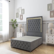 Sloomy Sofia Gold Armour Coniston Divan Bed Base 2 Drawers Right Side With 26 Inch Strutted Headboard & 12 Inch Matching Footboard | Grey | Armour | King | 1