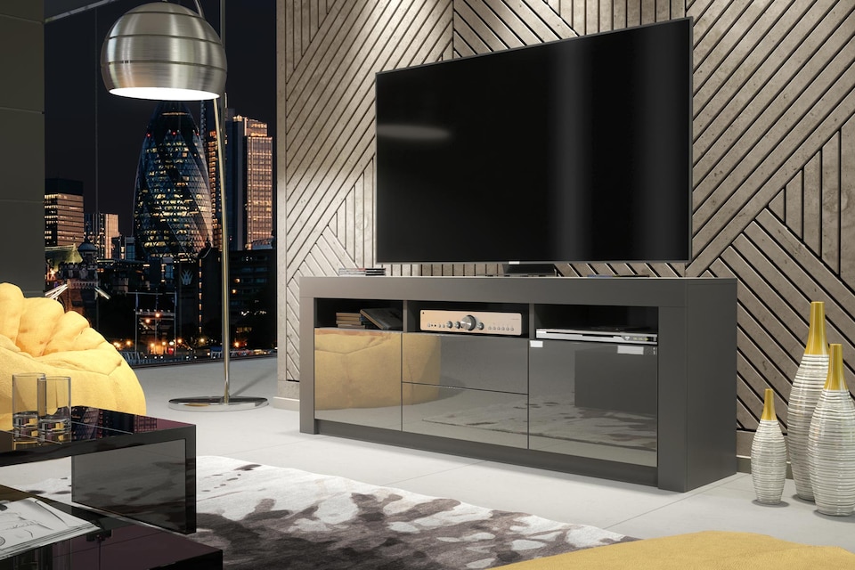 image 1 of TV Unit TV Stand Media Cabinet Sideboard Grey High Gloss Storage 160cm
