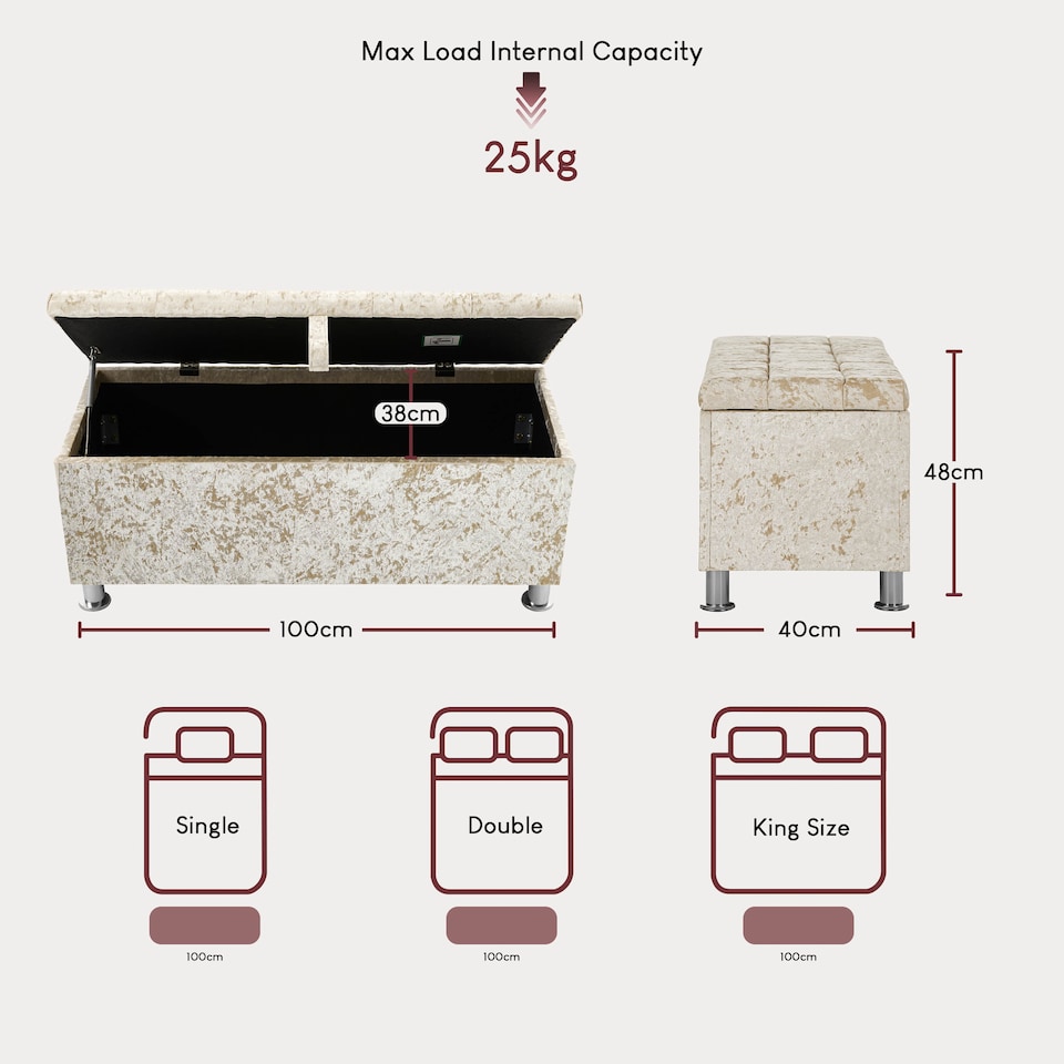 image 1 of Vida Designs Valencia Storage Ottoman Bedroom Hallway Chest Bench, Crushed Velvet Champagne | Yellow | Champagne