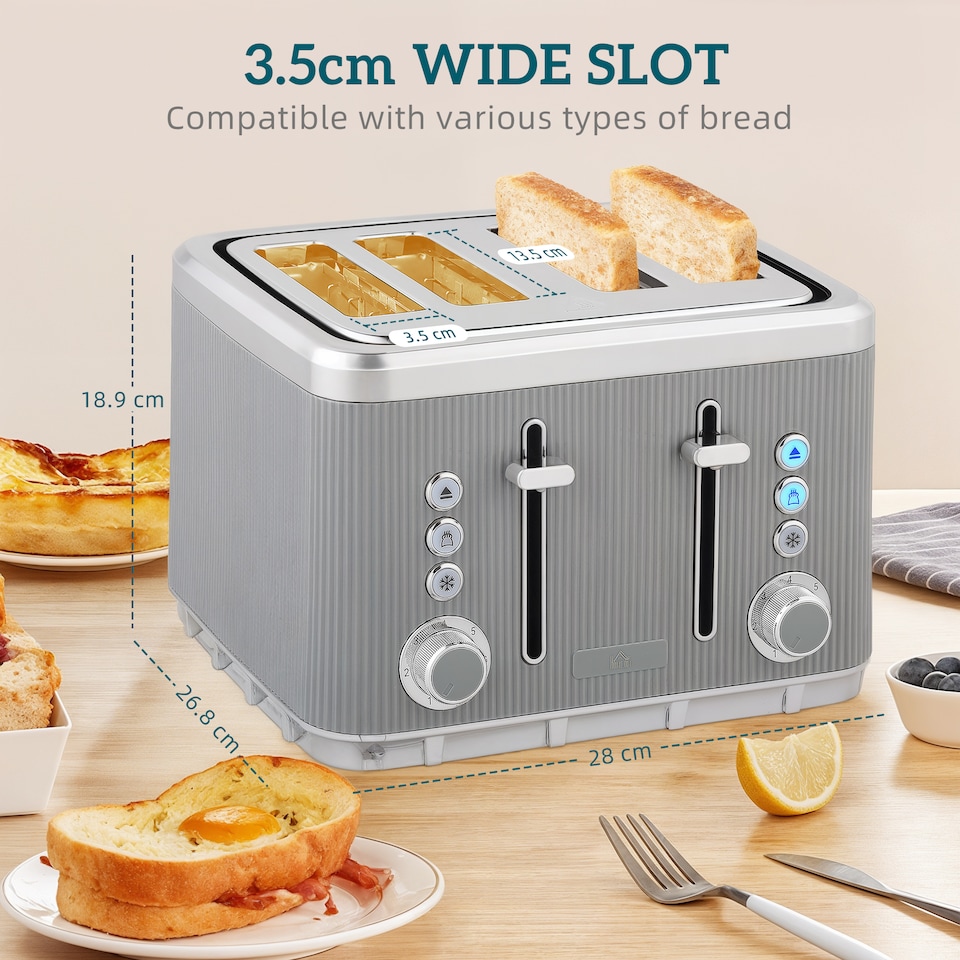 image 1 of HOMCOM Electric Stainless Steel Kettle and Toaster Set, 3000W 1.7L UK Strix Thermostat Fast Boil Kettle w/ Limescale Filter, Cool Touch Body, 4 Slice Toaster with 7 Browning Levels, Crumb Tray, Taupe