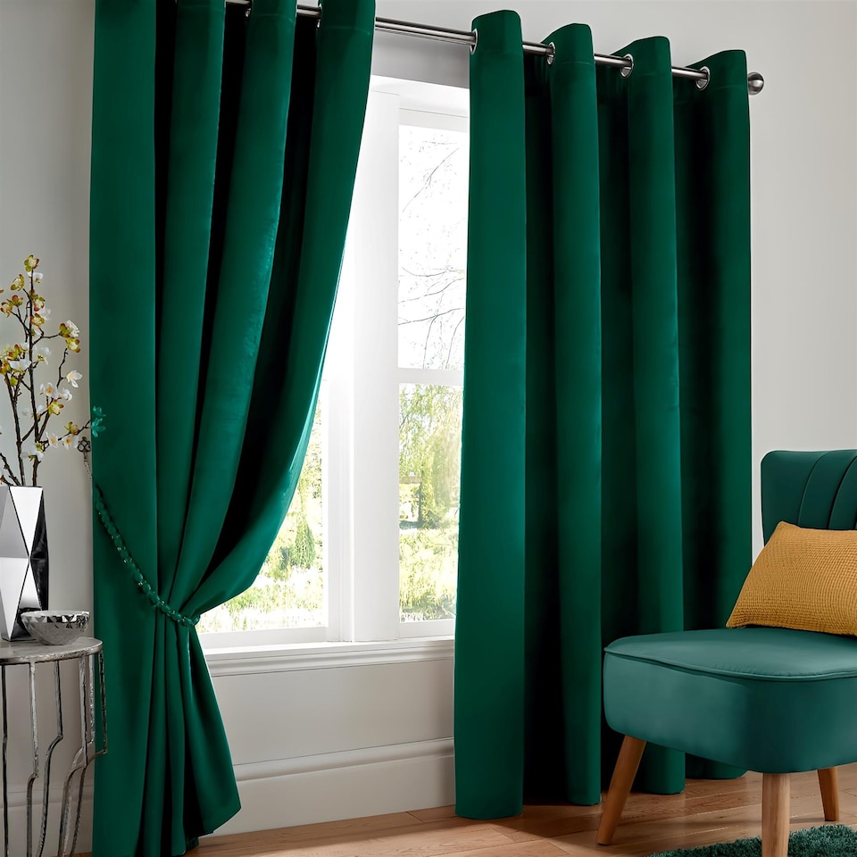 image 1 of Velvet Thermal Blackout Eyelet Curtains Ready Made Pair - 168cm x 183cm - Green