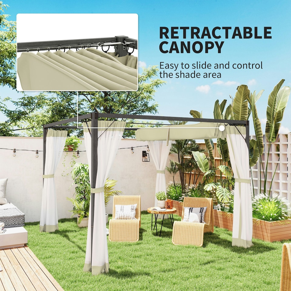 image 1 of Outsunny 3 x 3 m Pergola with Retractable Roof and Netting, Khaki