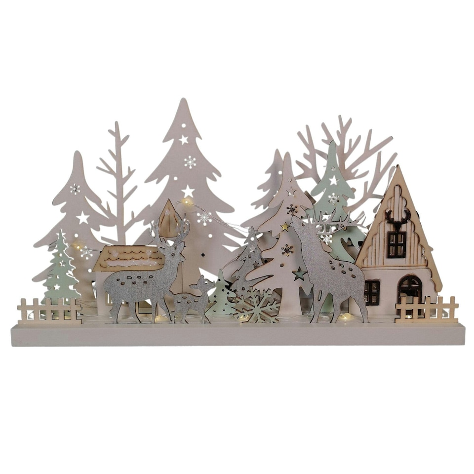 image 1 of 30cm Battery Operated Indoor Christmas Wooden Village & Reindeer Scene with Warm White LEDs