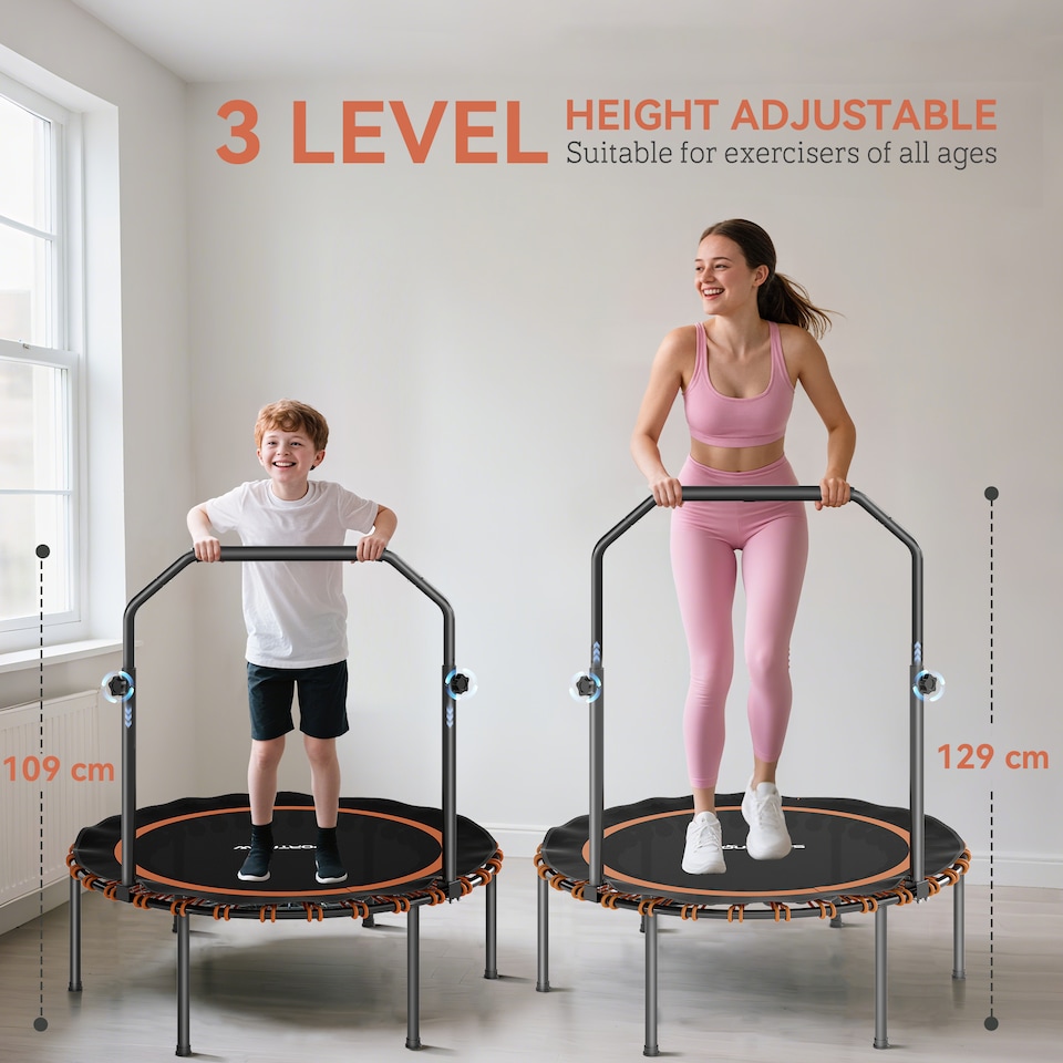 image 1 of SPORTNOW 40'' Foldable Fitness Trampoline, Mini Trampoline Bungee Rebounder with 5-Level Adjustable Handle for Adults Indoor Outdoor Exercise, Orange | Orange