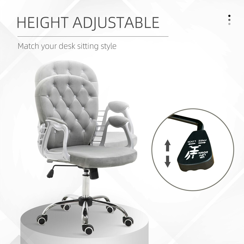 image 1 of Vinsetto Office Chair Velour Diamond Tufted Padded Ergonomic 360° Swivel Grey