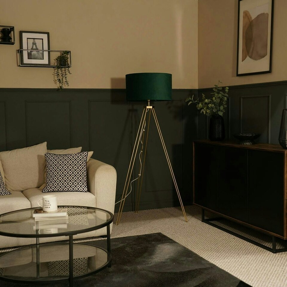 image 1 of ValueLights Aero Polished Gold Floor Lamp with Large Green Drum Shade