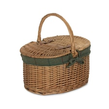 Light Steamed Oval Lidded Wicker Basket with Lining Green | Green Tweed | One Size