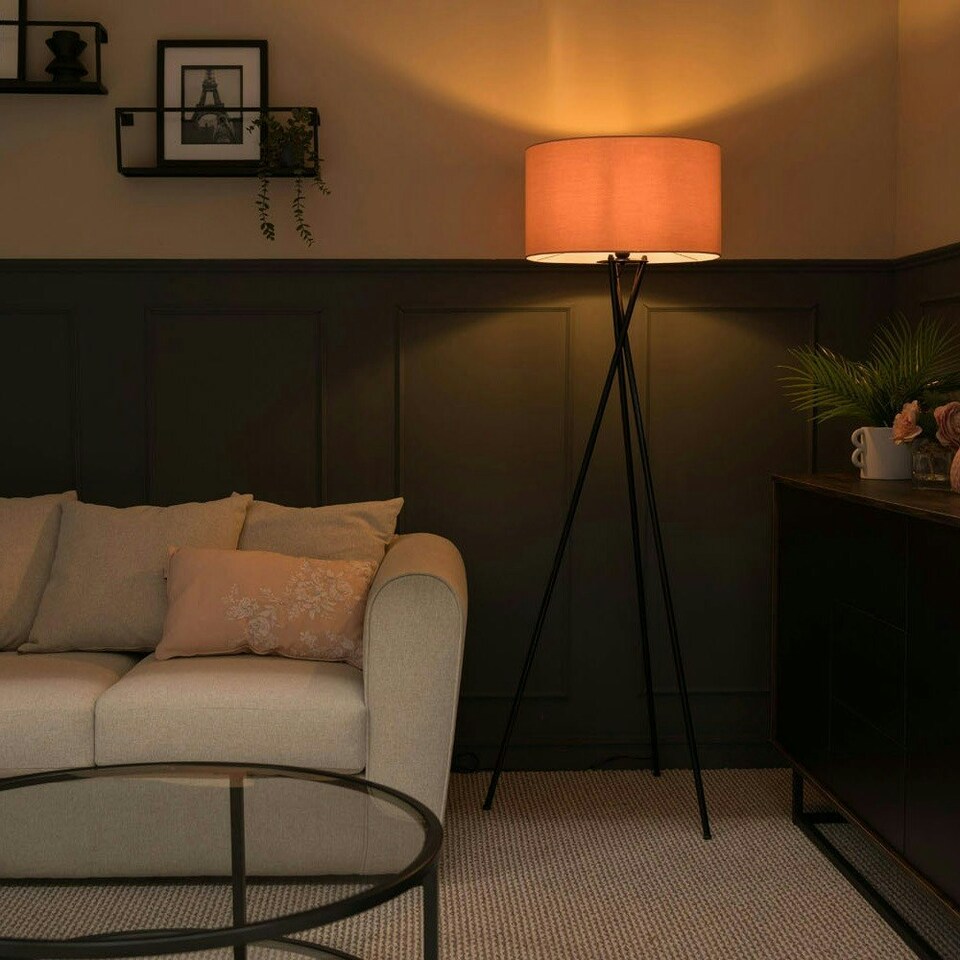 image 1 of ValueLights Camden Black Tripod Floor Lamp with Blush Pink Shade Pink