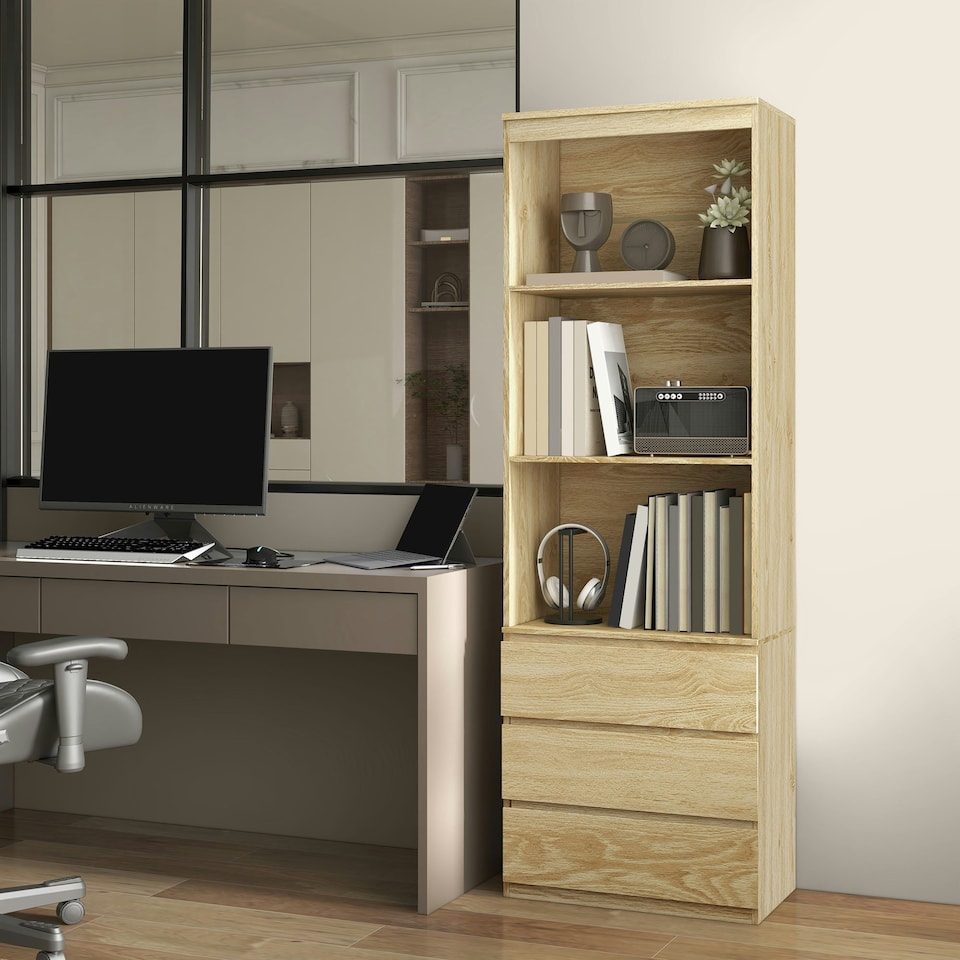image 1 of HOMCOM 180cm Tall Bookshelf Free Standing Storage Shelf Unit with Storage Oak