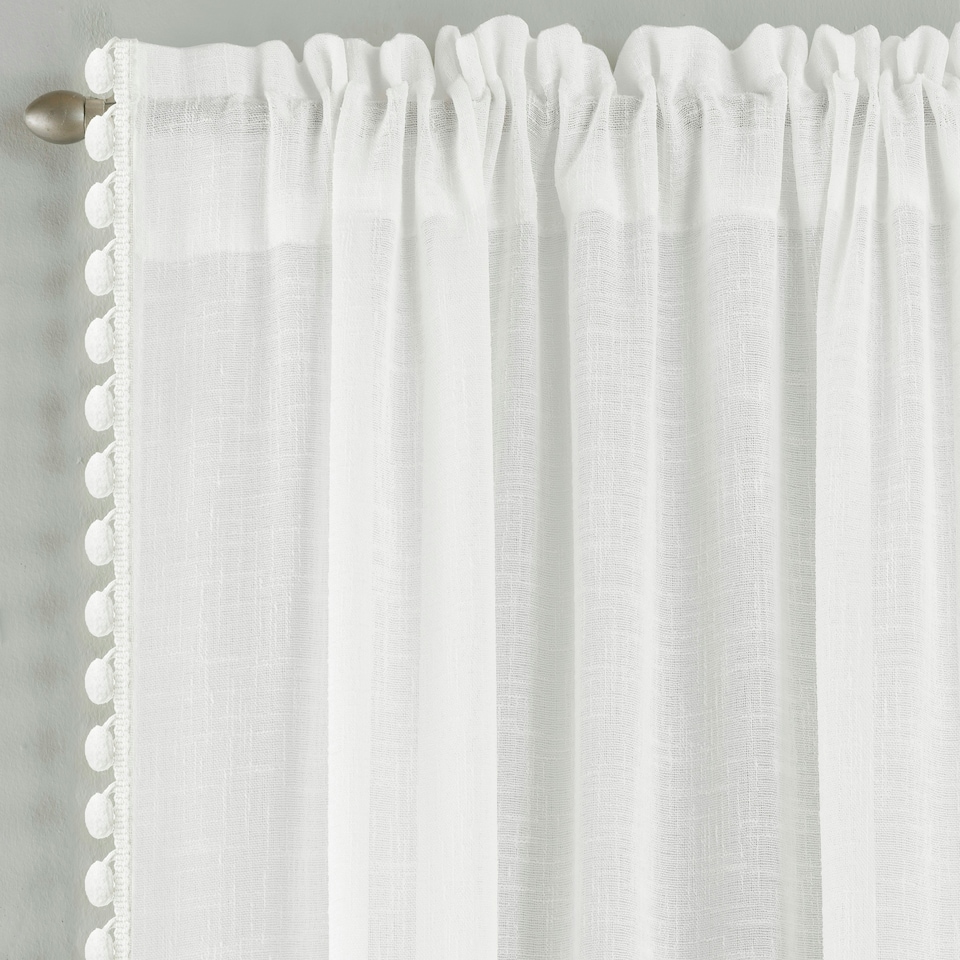 image 1 of Pair of Tahiti White Pom Pom Trim Voile Panels 183 cm (72 inch) Rod Pocket Linen Look Panels for Bedroom and Living Room