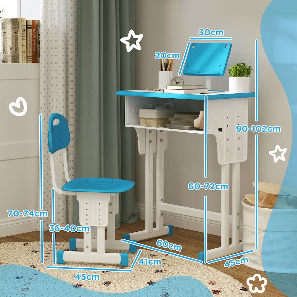 image 1 of HOMCOM Kids Desk and Chair Set Adjustable Height Study Table Set w Drawer | Blue