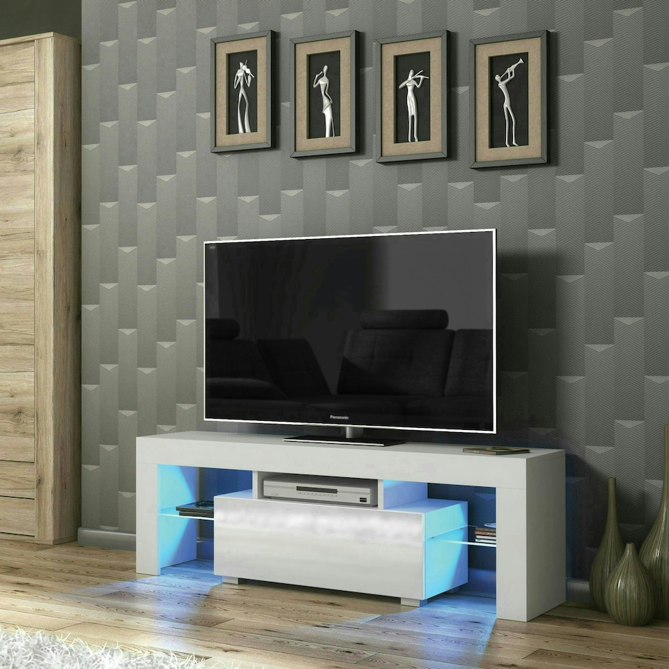 image 1 of TV Unit 130cm White Gloss Door White Matt Body with Glass Shelves Free LED | White | One Size | 1