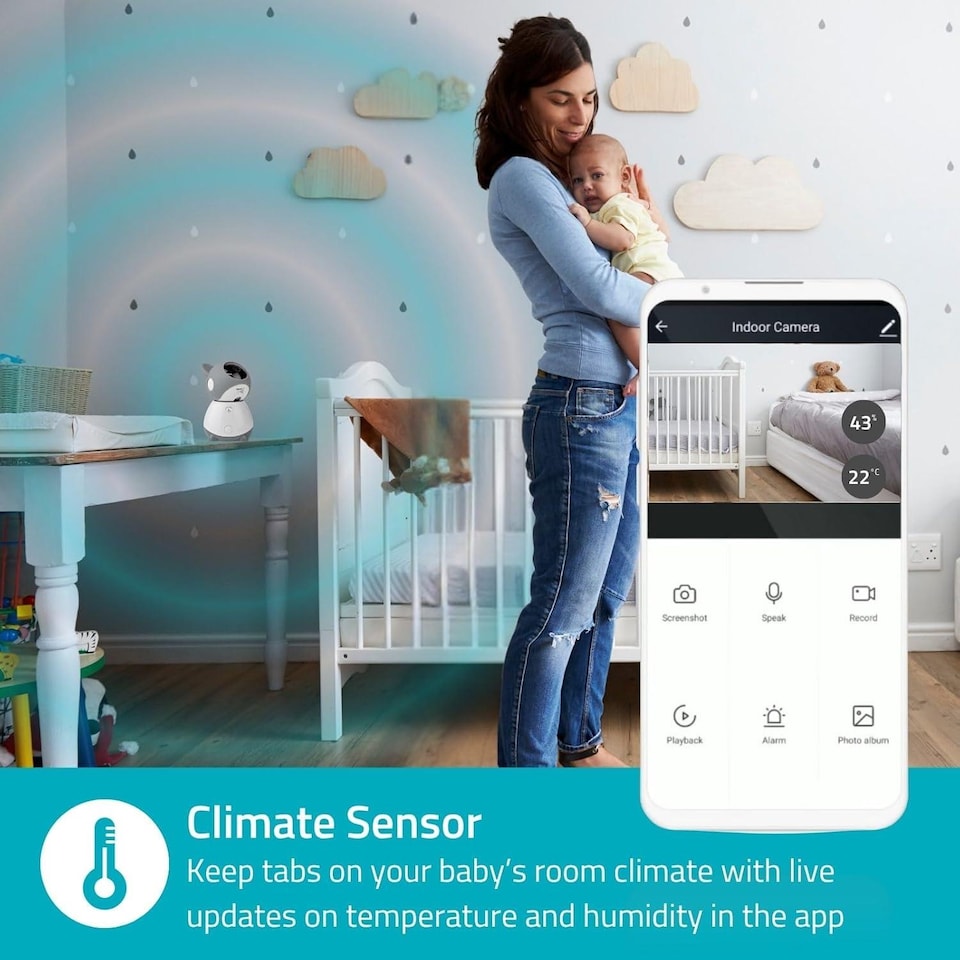 image 1 of NEDIS Smart Wifi Baby Monitor, Indoor Camera Full HD, Night Vision, PTZ, Motion & Sound Detection, 2-Way Audio, Humidity & Temperature Sensor, App Control -White/Grey