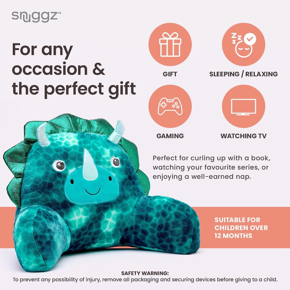 image 1 of Snuggz Dinosaur Cuddle Cushion Backrest Novelty Reading Pillow Relaxing Arm Back Support Soft Cosy Bed Pillow