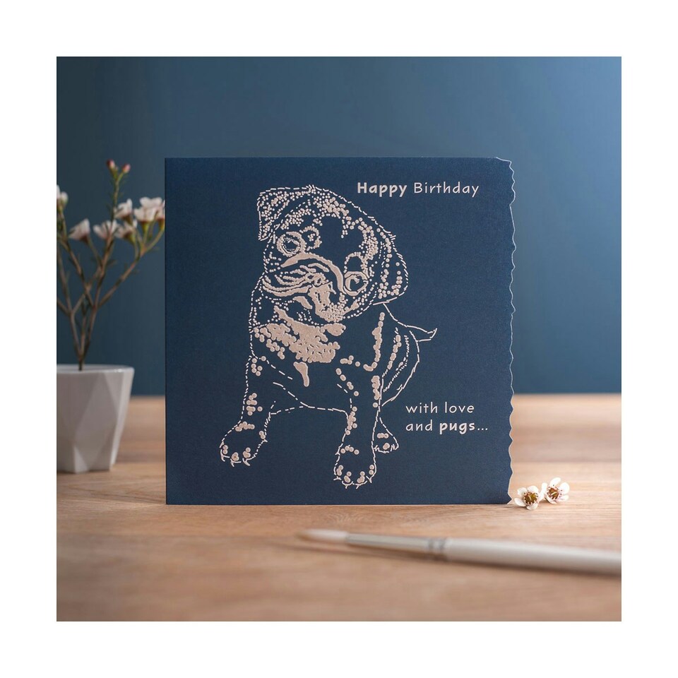 image 1 of Deckled Edge Colour Block Animal Greetings Card - Happy Birthday - Pug (Navy) - One Size