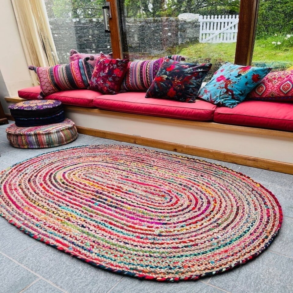 MISHRAN Oval Rug Braid Hand Woven with Recycled Fabric - Jute - L60 x W180 Multi