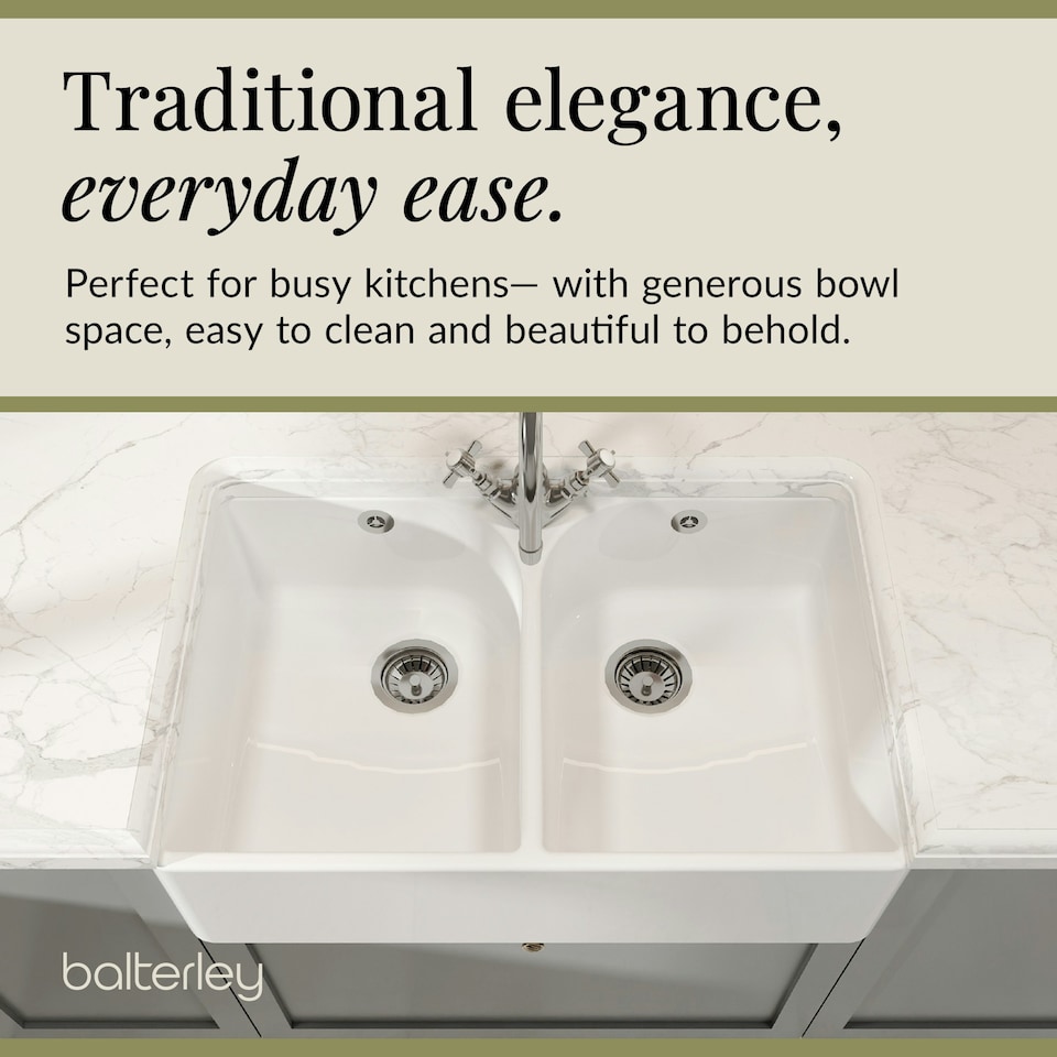 image 1 of Double Bowl Fireclay Ceramic Butler Kitchen Sink with Full Weir, Overflows & Wastes