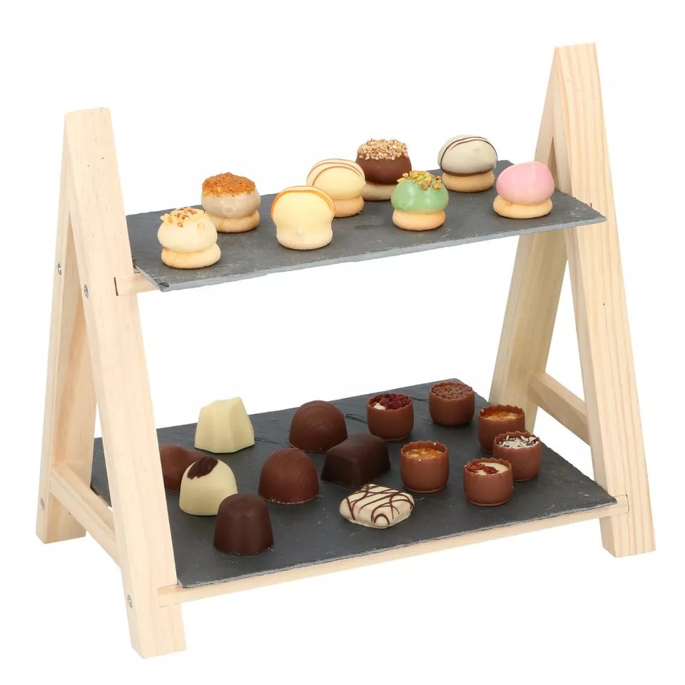 image 1 of 2-Tier Slate and Wood Snack Display Stand