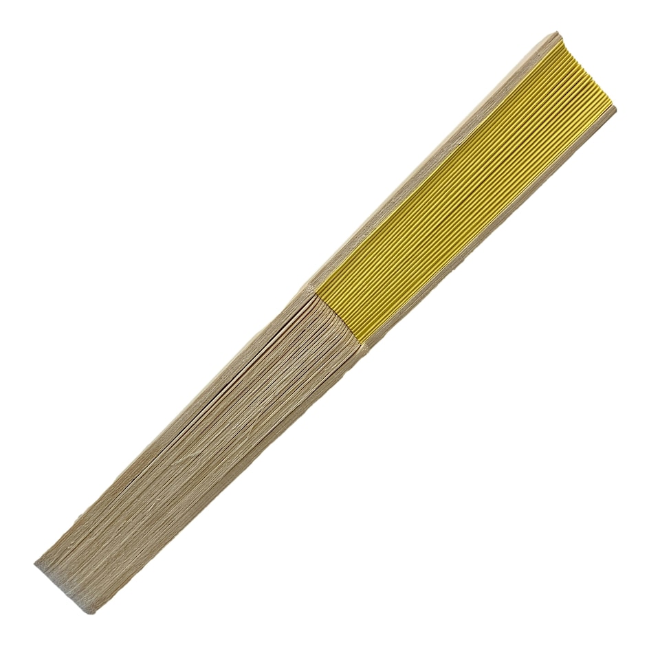 image 1 of Yellow Paper Foldable Hand Held Bamboo Wooden Fan