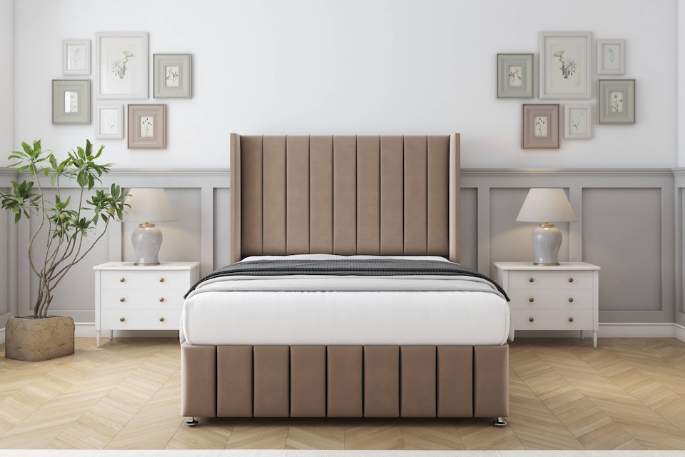 image 1 of Sloomy Melbourne Mink Plush Divan Bed Base No Drawers With 54 Inch Wingback Headboard & 12 Inch Matching Footboard | Brown | Mink | King | 1
