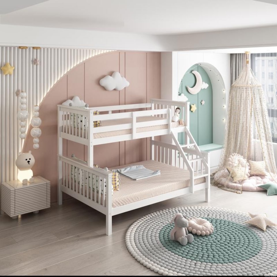 image 1 of White Bunk Bed with 2 Mattresses 3ft Single & 4ft6 Double Trio Bunk Beds, Wooden Children Bedroom Furniture