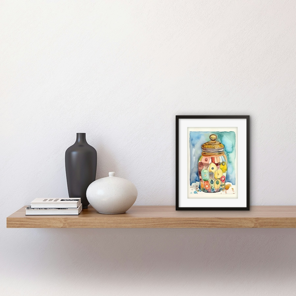 image 1 of Glass Cookie Jar Sweets Folk Art Watercolour Kitchen 9x7" Black Framed Wall Art Print