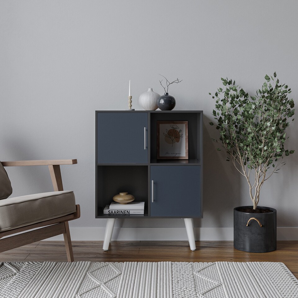 image 1 of Black 4-Cube Storage Unit with 2 Metal Handle Doors and Legs | Grey | Grey & White | 1
