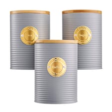 Cooks Professional 3 Piece Ribbed Tea, Coffee, & Sugar Cannisters with Bamboo Lids | Grey | Grey & Gold