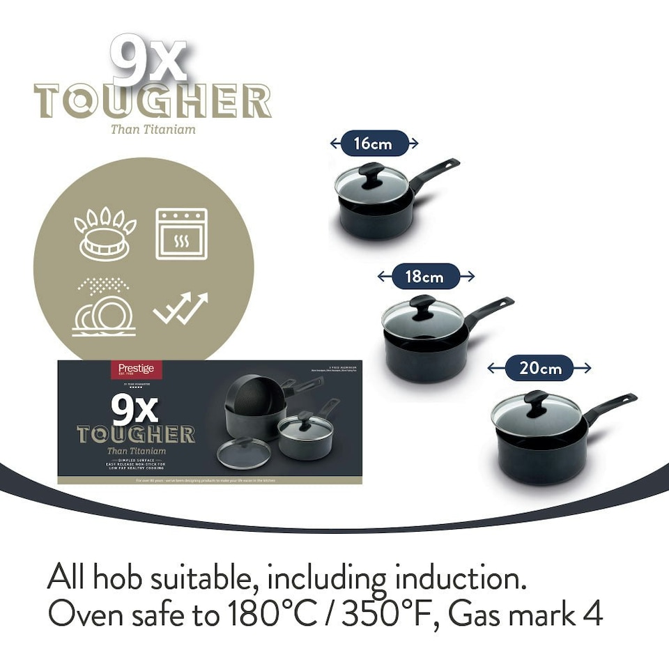 image 1 of Prestige 9 X Tougher Non-Stick Saucepan Set - 3 Pieces