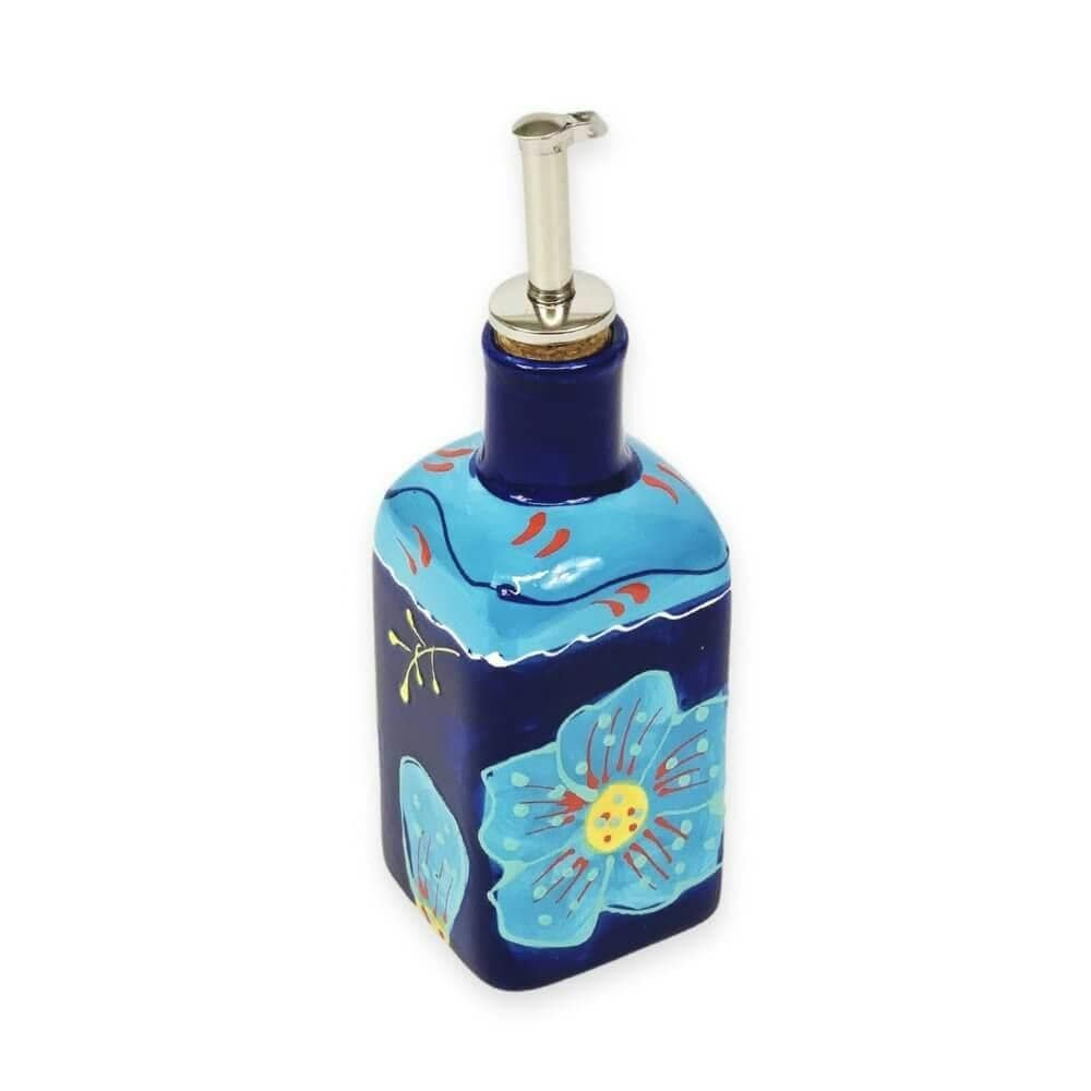 Verano Spanish Ceramics Classic Spanish Hand Painted Kitchen Dining Squared Oil Drizzler 300ml Blue Flower