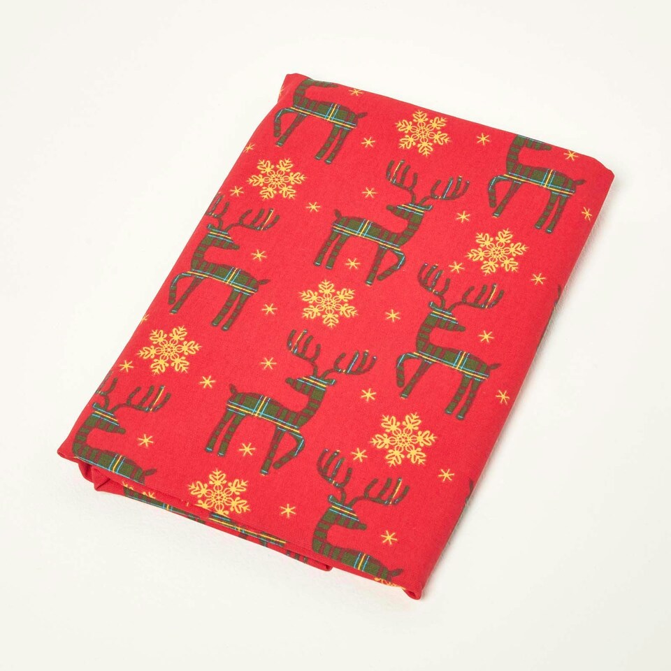 image 1 of Homescapes Red Reindeer 100% Cotton Christmas Tablecloth - 178 x 305 cm | Red | 178cm x 305cm (70" x 120")
