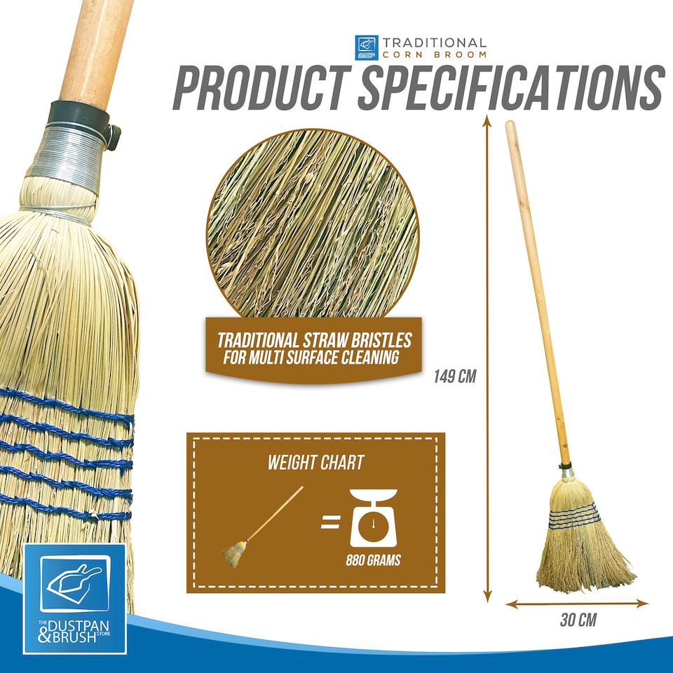 image 1 of Traditional Corn Broom with Natural Straw Bristles Yard Sweeper