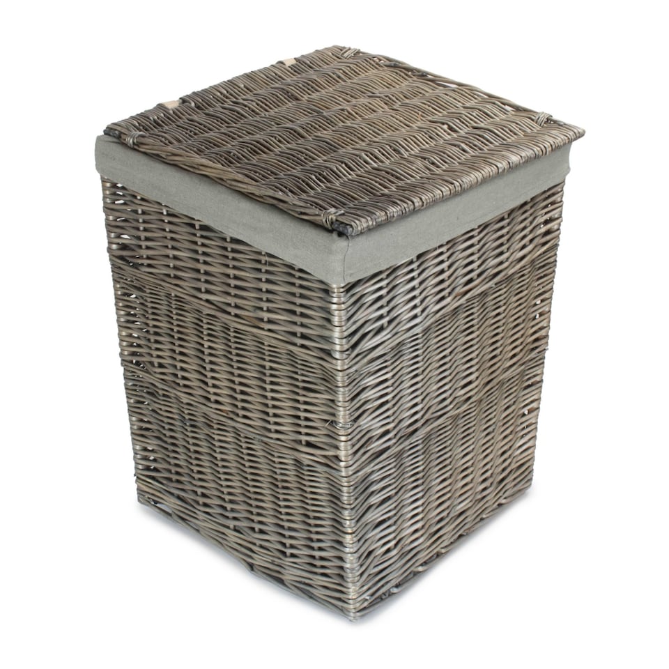 image 1 of Large Antique Wash Square Laundry Basket with Grey Sage Lining | Grey | Grey