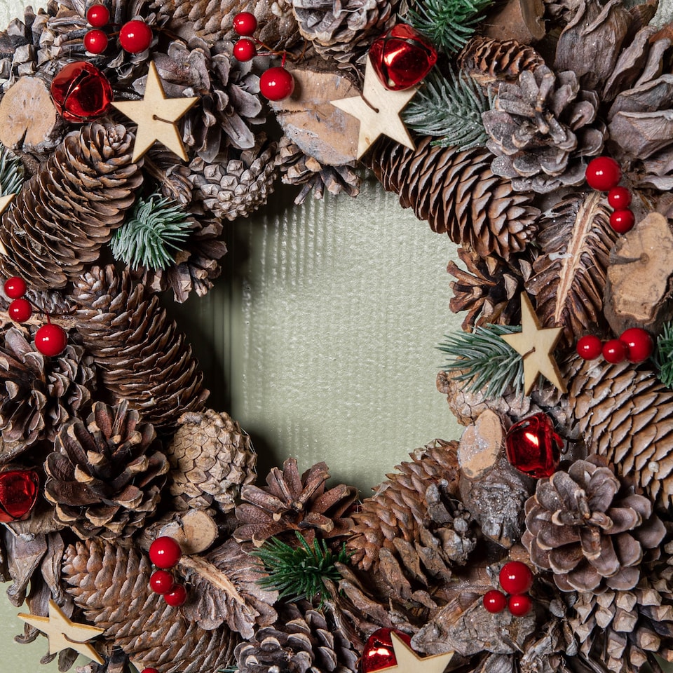 image 1 of 36cm Frosted Hanging Christmas Wreath with Red Jingle Bells & Wooden Stars
