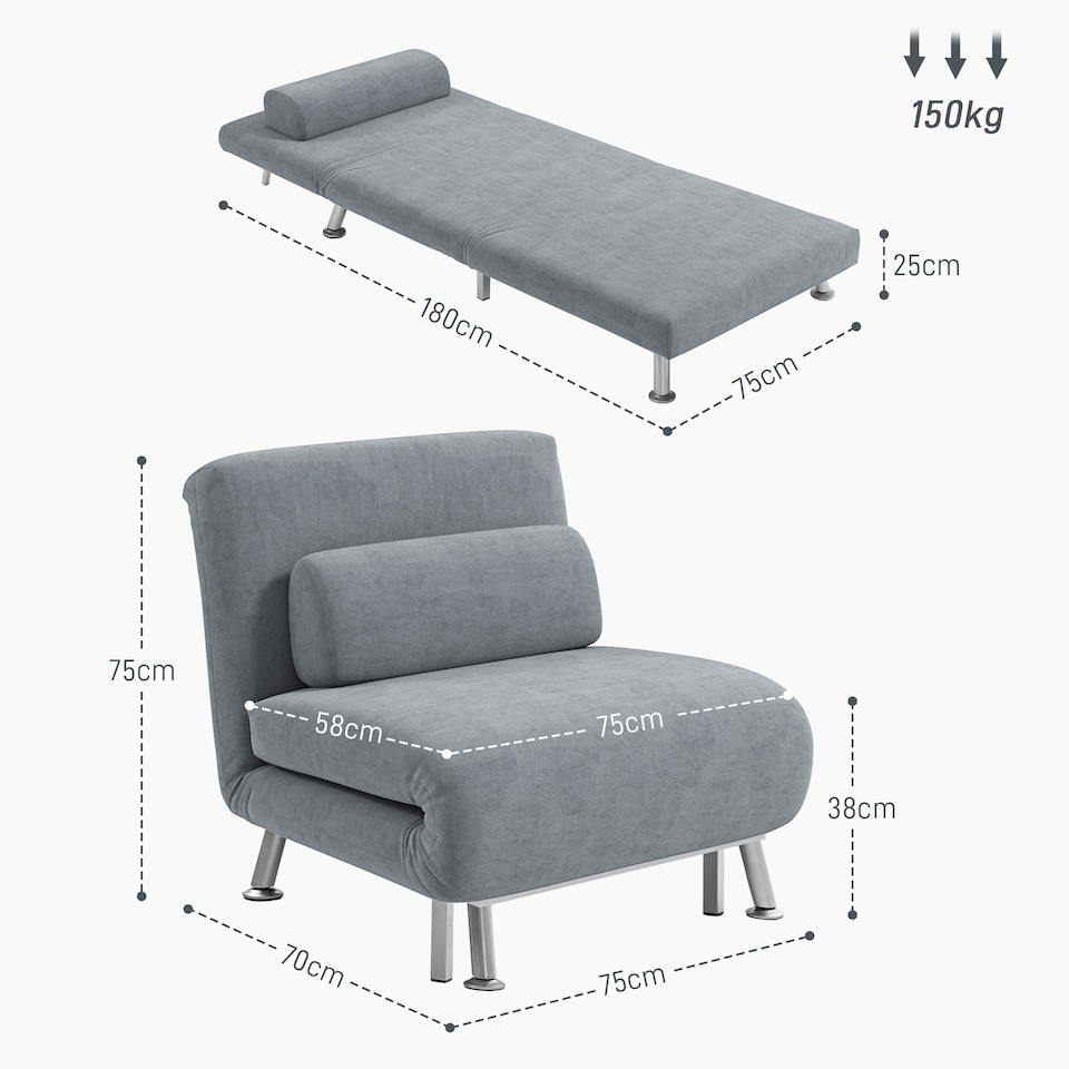 image 1 of HOMCOM Velvet Chair Bed, 3-in-1 Convertible Sleeper Chair with Adjustable Backrest, Pillow, for Living Room, Bedroom, Grey | Grey | One Size