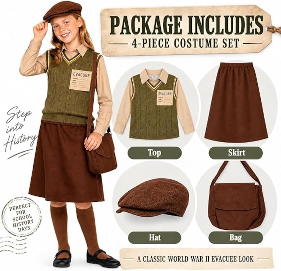 image 1 of Girls WW2 Evacuee Costume World Book Day 1940s Wartime Fancy Dress Kids Child Outfit (Medium 7-9 Years)