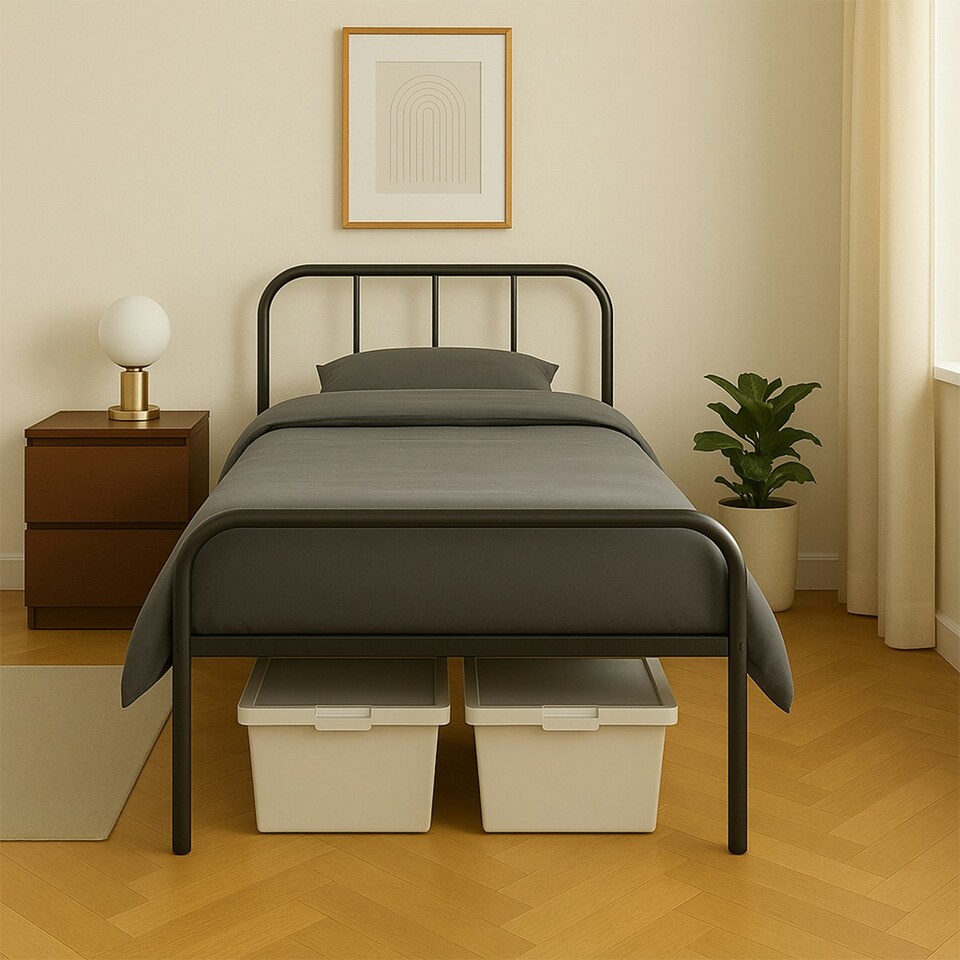 image 1 of Single Bed Frame Metal Rounded Headboard Easy Assembly Under Bed Base Storage Space