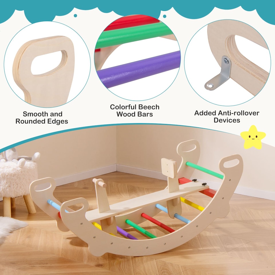 image 1 of COSTWAY Multifunctional Rocking Horse Arch 4-in-1 Wooden Climbing Toys