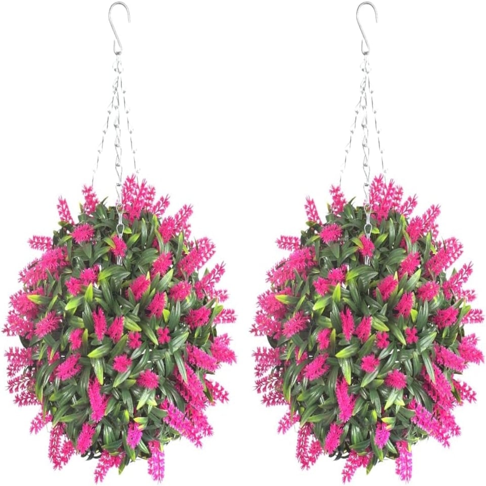 Pair of Best Artificial 28cm Pink Lush Lavender Hanging Basket Flower Topiary Ball - Weather & Fade Resistant