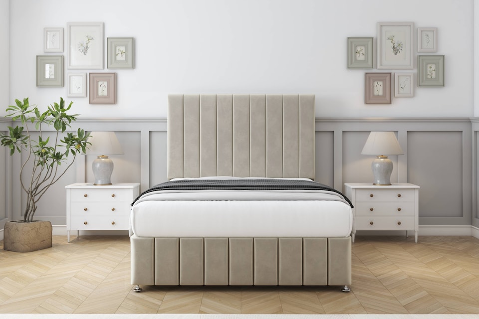image 1 of Sloomy California Cream Plush Divan Bed With Mattress No Drawers With 54" Floor Standing Headboard & 12" Matching Footboard 4'6 Double | Cream | Cream | Double | 1