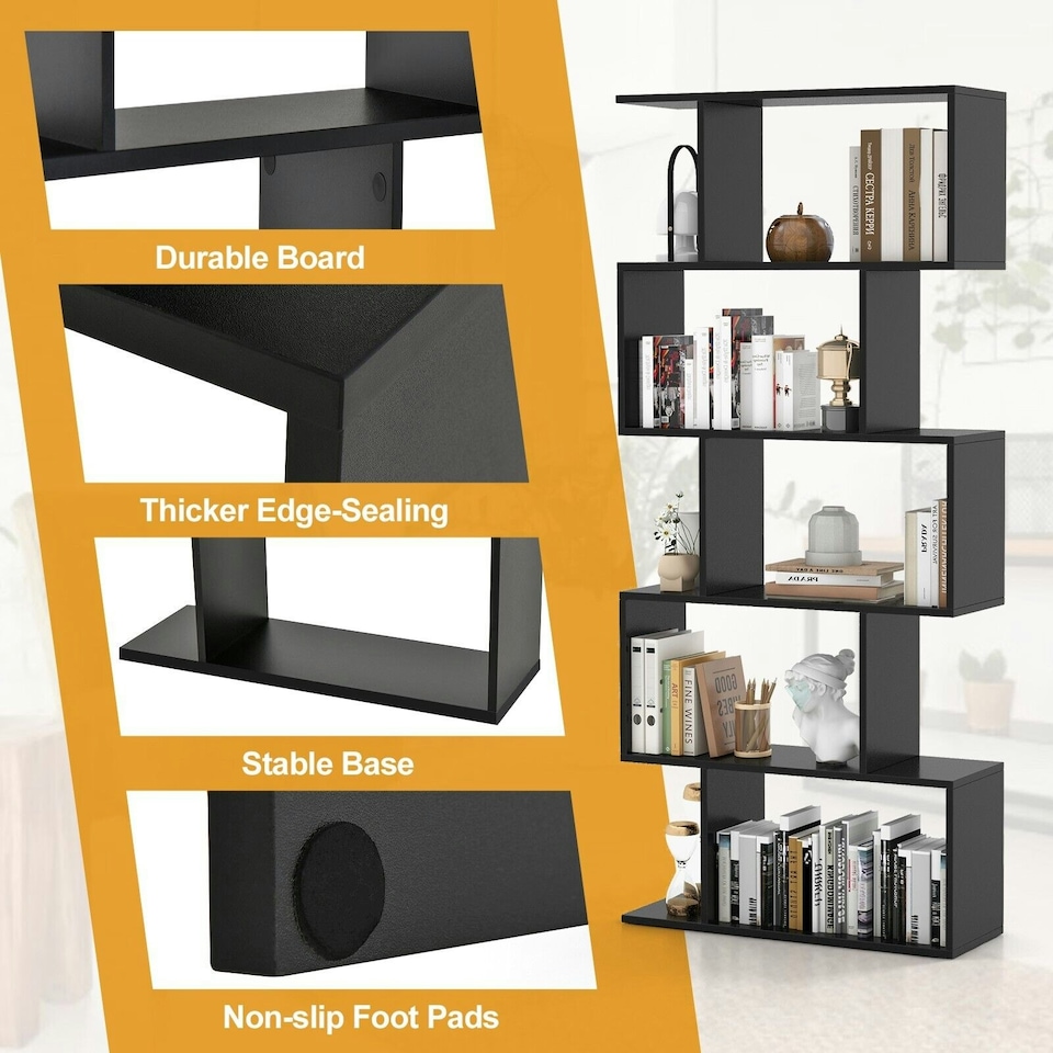 image 1 of COSTWAY 5-tier Bookcase S-Shaped Bookshelf Display Rack Black Black